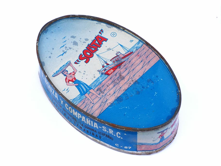 can, old, vintage, sardines in a can, design, blue, white background HD wallpaper