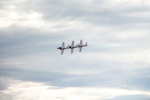 three flying white planes under cloudy sky during daytime, snowbirds HD wallpaper