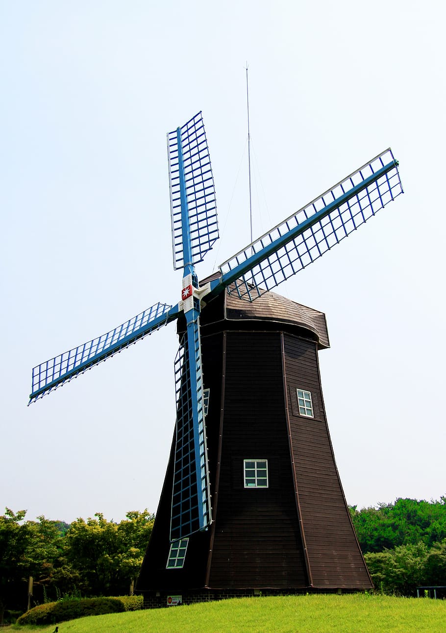 brown and blue lighthouse on green grass, windmill, holland, energy, HD wallpaper
