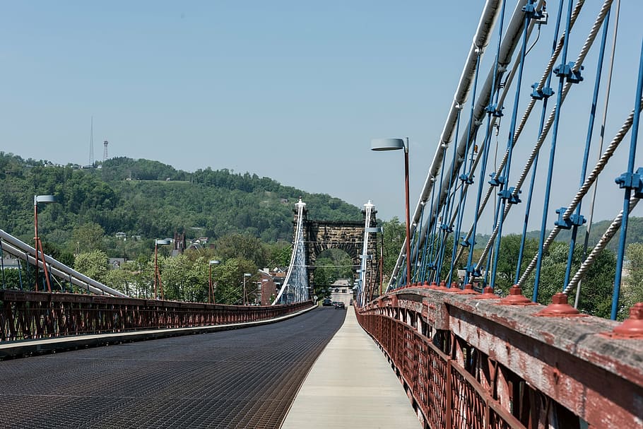wheeling, west virginia, hills, trees, suspension bridge, architecture HD wallpaper
