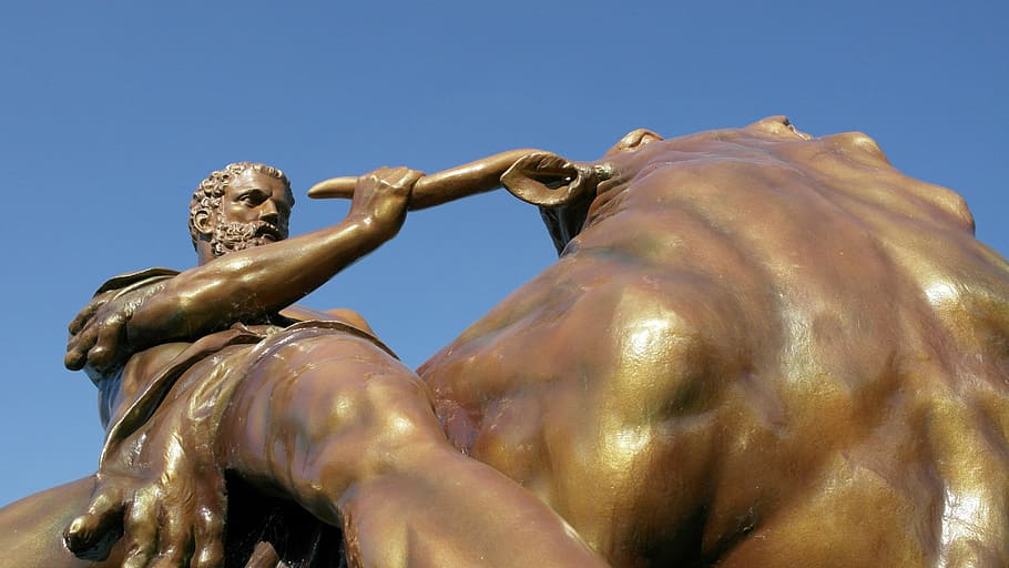 schwerin, sculpture, figure, medieval hero, fight, bull, male HD wallpaper