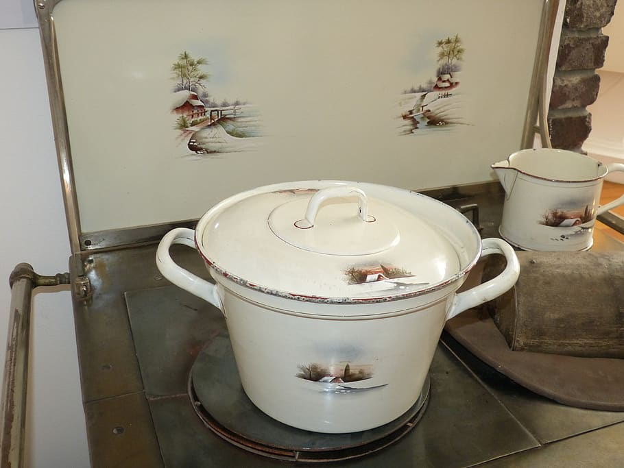 kitchen, stove, cook, antique, eat, oven, food, enamel, cooking pot HD wallpaper