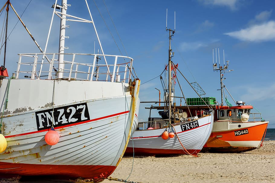 three boats on seashore, fishing boat, beach, denmark, boot, north sea beach