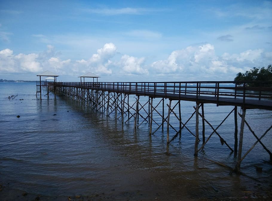 beach, sea, bridge, jetty, water, sky, cloud - sky, built structure HD wallpaper