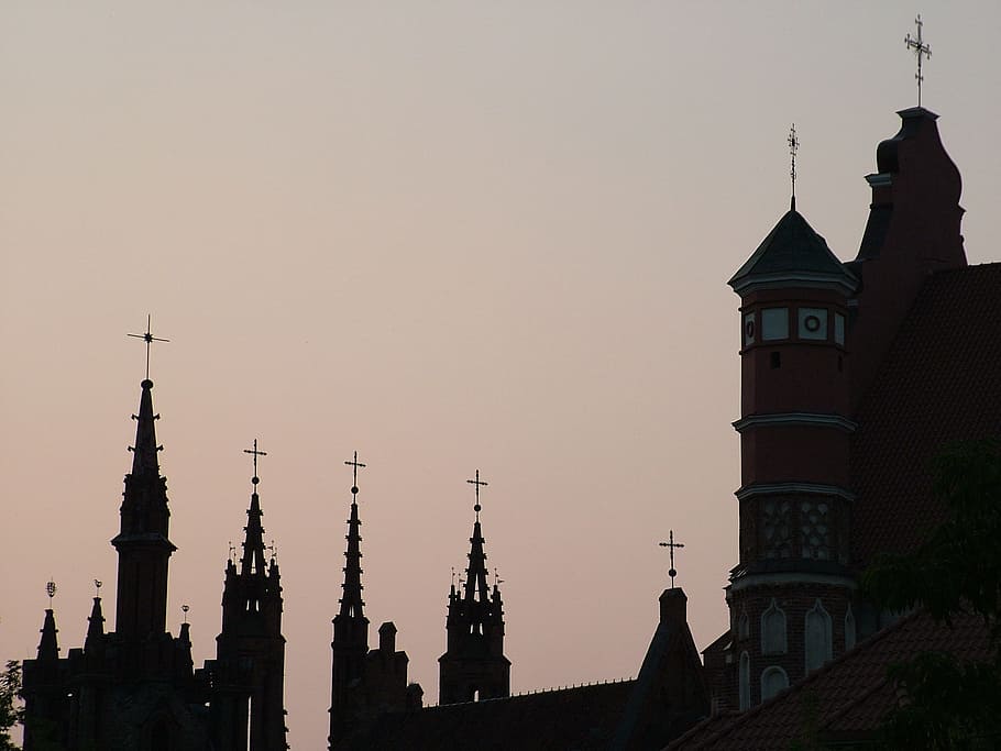silhouette of cathedral during daytime, Lithuania, Vilnius HD wallpaper