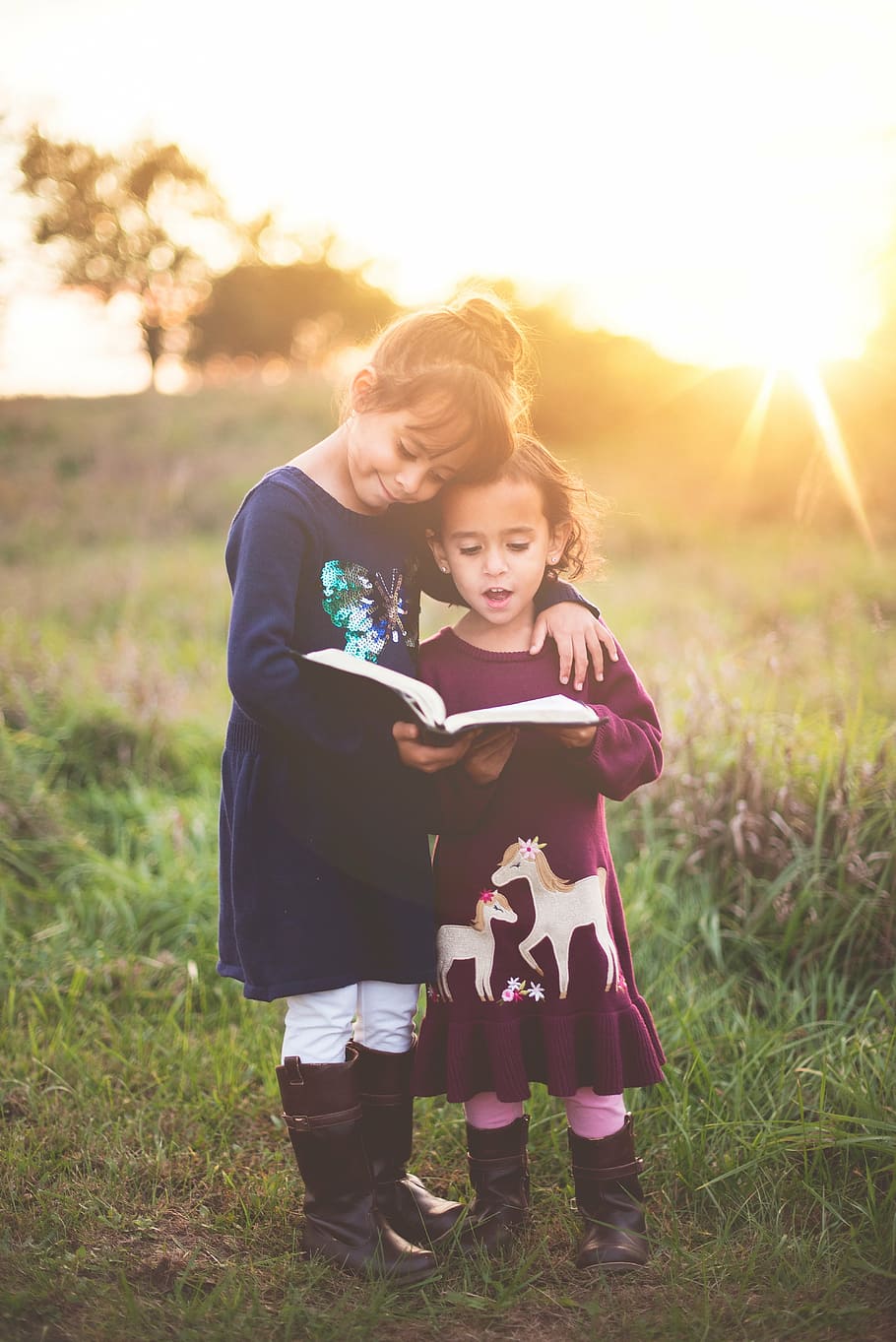 two girls reading book, children, sunrise, sunlight, sunshine