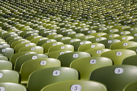 photo of green plastic chairs, still, auditorium, lines, rows HD wallpaper