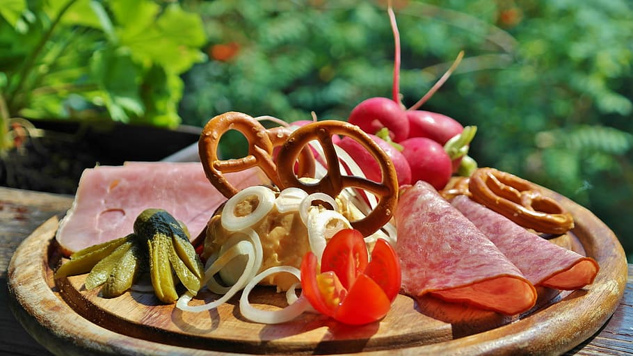 sliced vegetables with ham and fruits, Snack, Cheese, Sausage HD wallpaper
