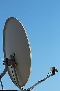 dish, tv, satellite, sky, low angle view, clear sky, blue, copy space HD wallpaper