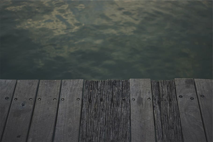 gray wooden dock, brown, black, board, near, body, water, lake