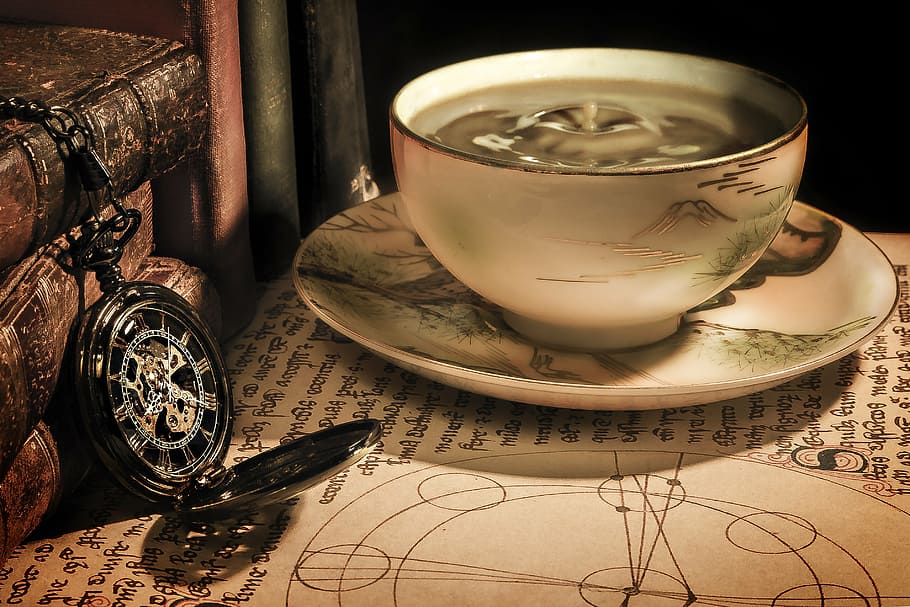 brown pocket watch and round white ceramic bowl with saucer, coffee, HD wallpaper