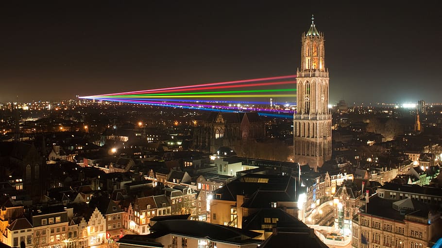 Netherlands, City, Skyscraper, utrect, lights, laser beam, beautiful HD wallpaper