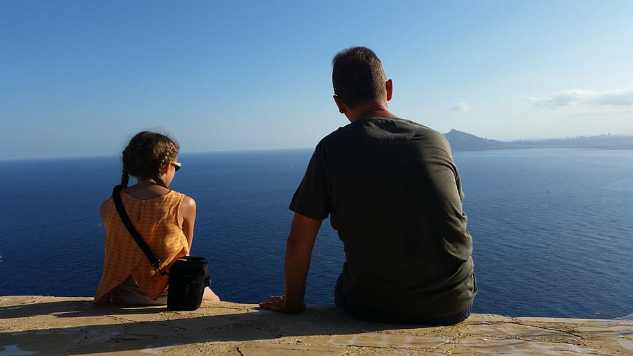two persons, sit, look, sea, summer, rest, peaceful, relaxation HD wallpaper