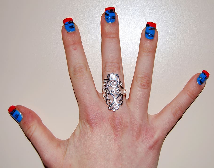 nails, colorful, hand, ring, finger, five, human hand, human body part HD wallpaper