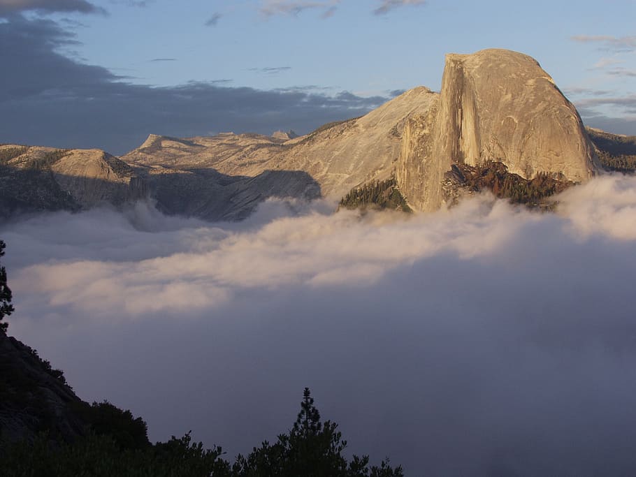 half dome, yosemite, mountain, peak, fog, granite, sky, beauty in nature HD wallpaper
