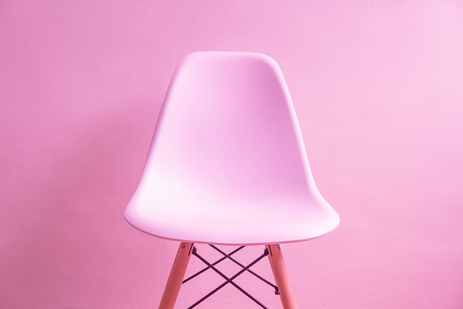 photo of pink chair with pink background, white plaited chair with brown base HD wallpaper