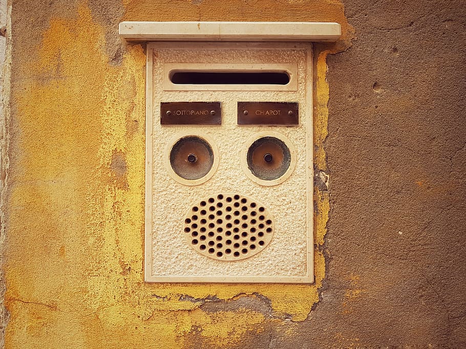 gray doorbell, rectangular brown email box, Ding-dong, wall, buzzer