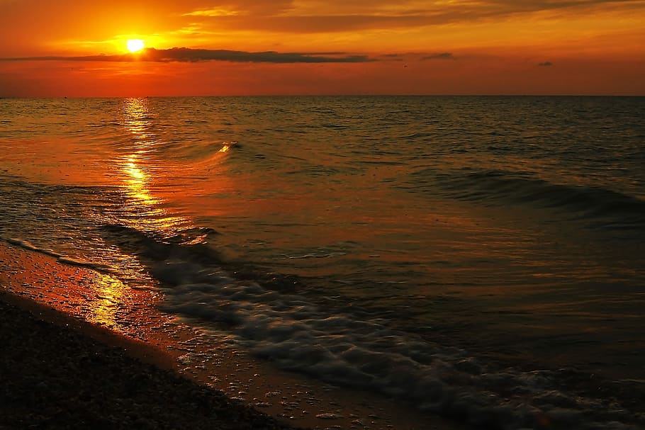 Sea, Wave, Surf, Beach, Beach, Sand, Ukraine, sun, sunset, nature HD wallpaper