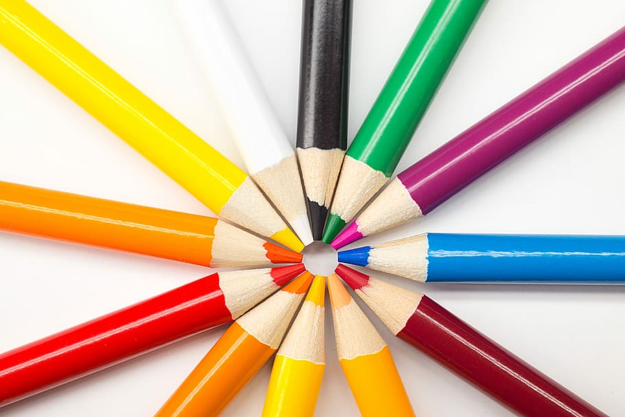 assorted-color color pencils, assorted-color pencils on white surface HD wallpaper