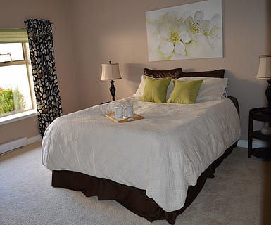 white bed comforter with coffee mugs and pillow, bedroom, home HD wallpaper