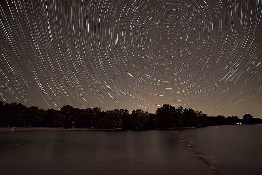 HD wallpaper: star trails, lake, water, horizon, landscape, night, sky