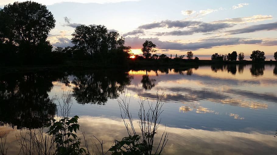 lake, reflection, trees, water, sky, cloud - sky, sunset, tranquility HD wallpaper