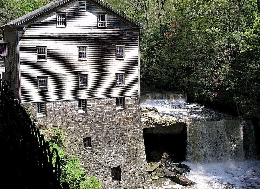 mill, building, stream, architecture, landscape, historic, vintage HD wallpaper