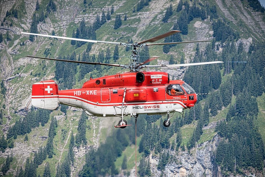 helicopter, logging, work, alpine, kamov, mountain, red, day HD wallpaper
