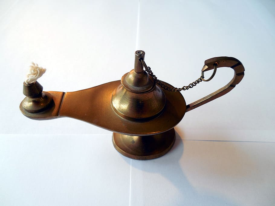 brass-colored oil wick lamp, oil lamp, nostalgic, lantern, light