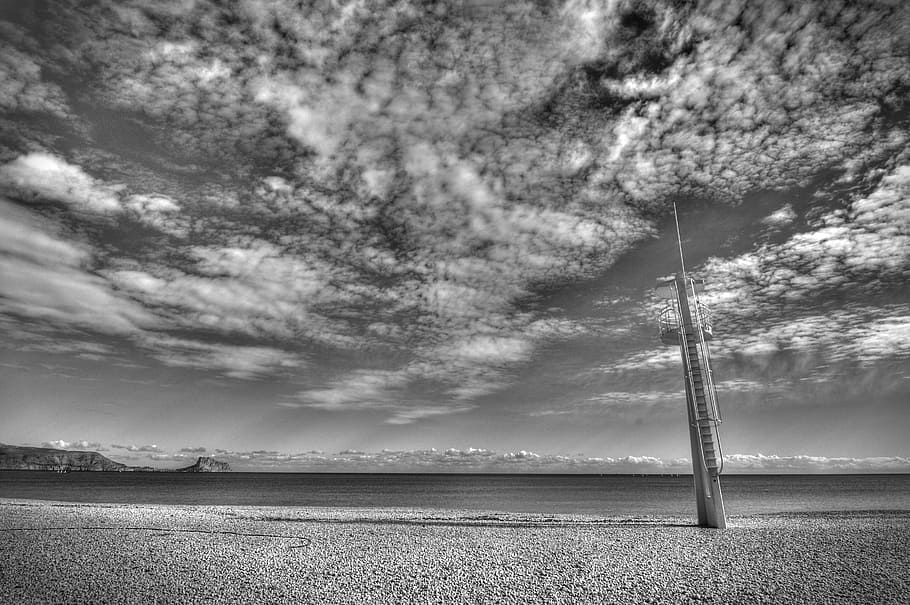 Beach, Sea, Sand, Landscape, monitoring post, clouds, black And White HD wallpaper
