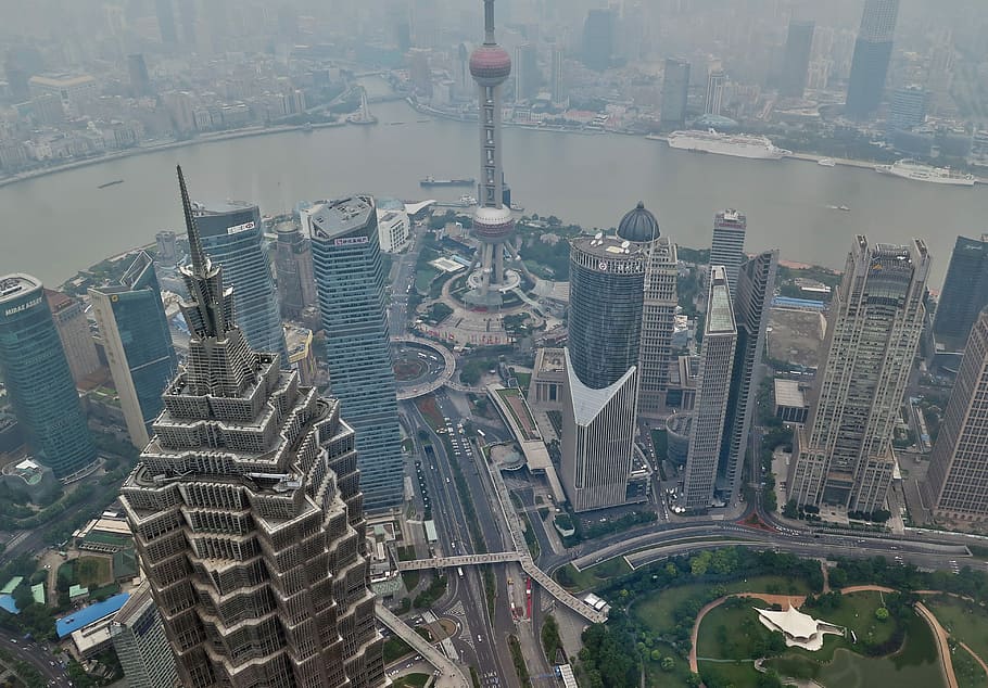 aerial view of city building, Shanghai, China, Skyscraper, Smog HD wallpaper