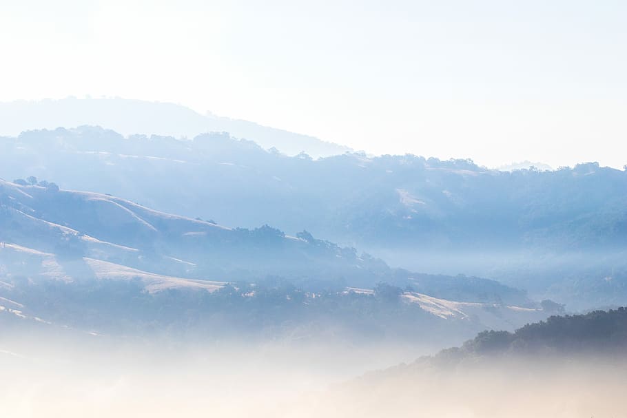 aerial photography of mountain during misty day, photo of fog and valley HD wallpaper