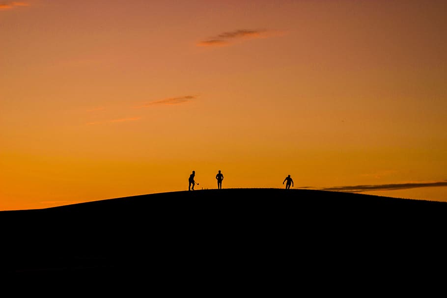 Silhouette of 3 People in Hill during Sunset, afterglow, backlit HD wallpaper