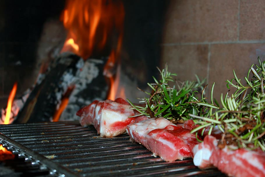 meat, grid, barbecue, embers, fire, rosemary, cook, foods, healthy cooking HD wallpaper