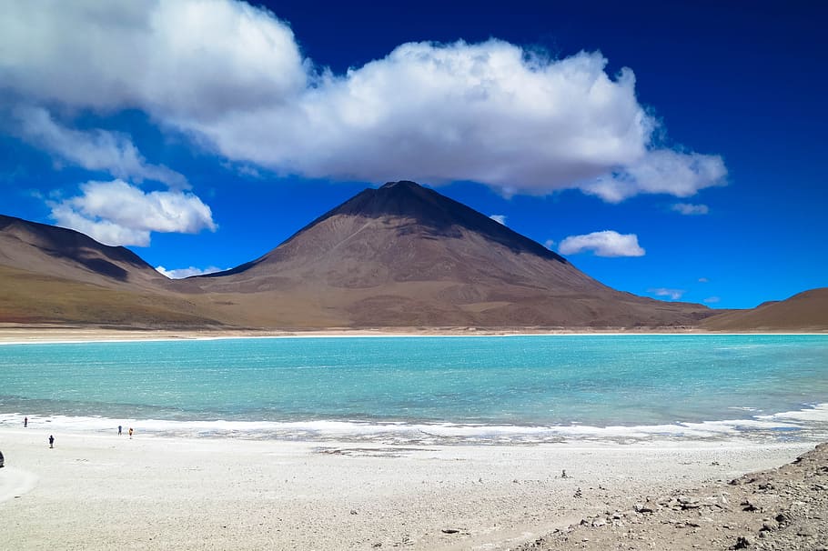 gray mountain near blue sea, volcano, salt lake, atacama desert, HD wallpaper