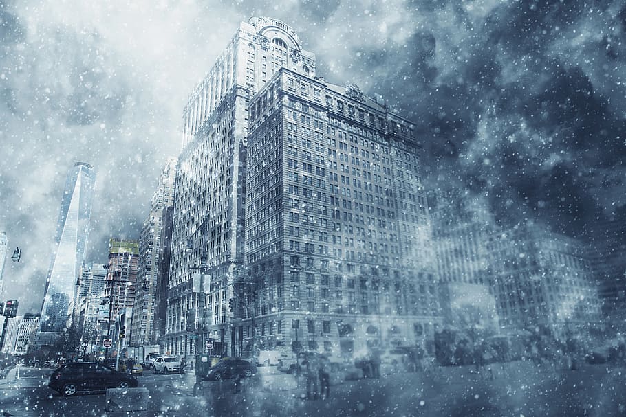 high-rise buildings illustration, blizzard, snow, winter, snowfall, HD wallpaper