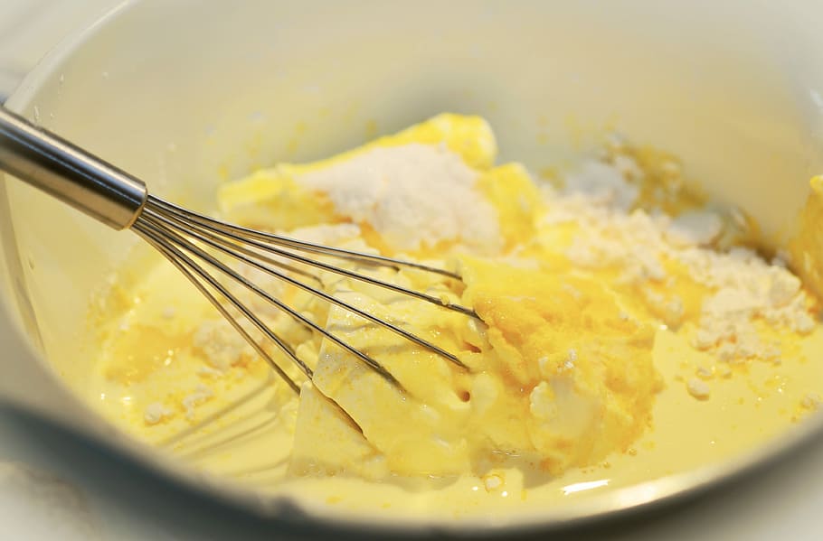 flour and cream with whisk on bowl, Dough, Stir, Ingredients HD wallpaper