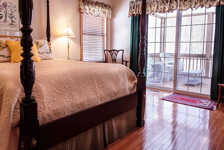 brown wooden bed frame and white bed mattress, bedroom, hardwood floor