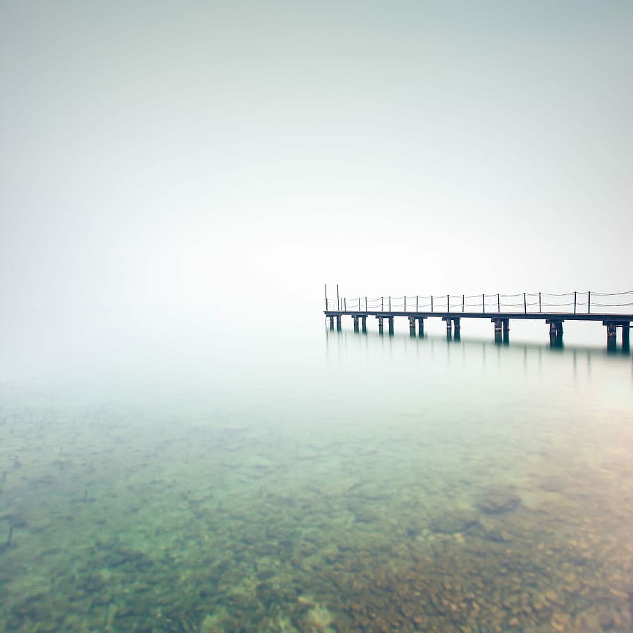 black wooden jetty on body of water, nature, sea, pier, landscape HD wallpaper