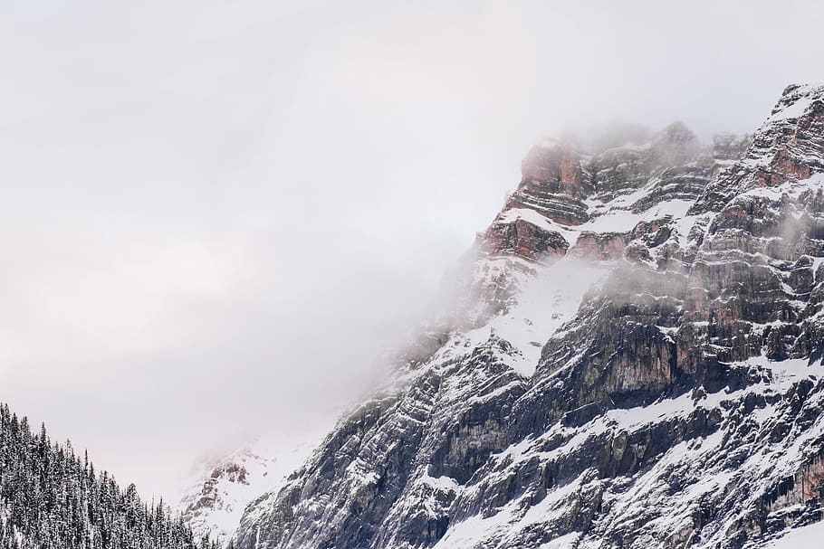 landscape photography of foggy snowy mountain, snow-covered mountain HD wallpaper