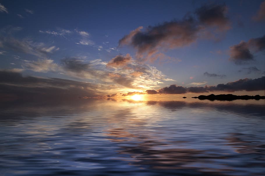 Sea Near Island during Sunset, beach, clouds, dawn, dusk, horizon HD wallpaper