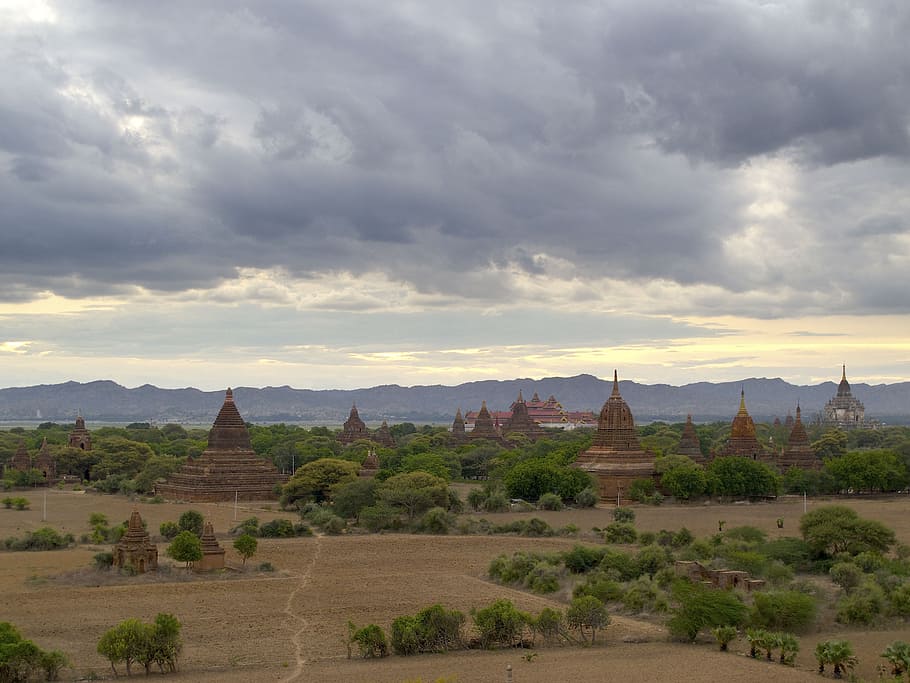 burma, bagan, temples, clouds, religion, sky, cloud - sky, place of worship HD wallpaper