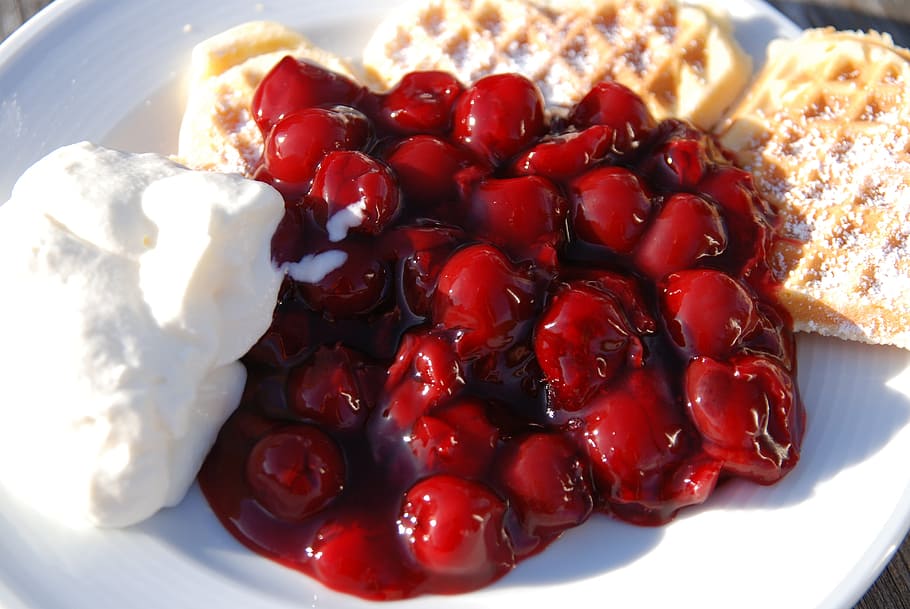 red berries and pancake on white plate, Sour Cherries, Cream HD wallpaper