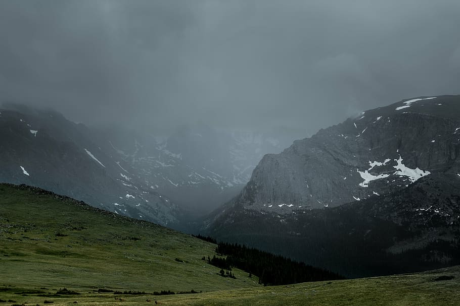 aerial photo of misty gray mountain at daytime, nature, landscape HD wallpaper