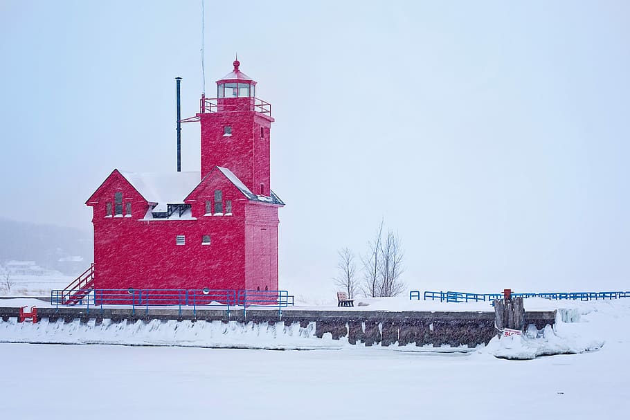 Lighthouse, Winter, Red, Snow, Ice, landscape, cold, nautical HD wallpaper