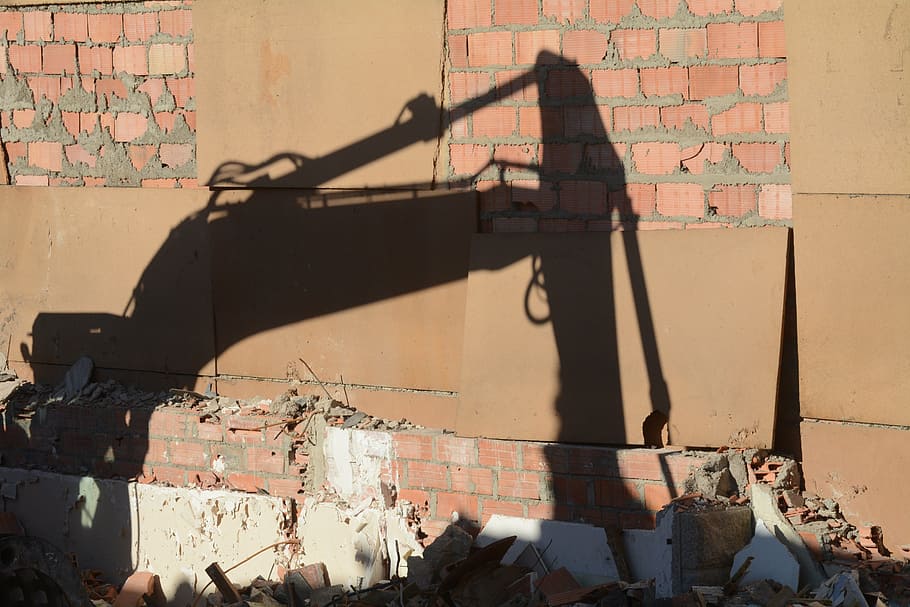 shadow of excavator on brick wall, backhoe, site, demolition HD wallpaper