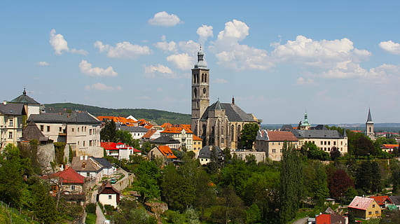 village with trees under blue and white sky, tower, view, hora HD wallpaper