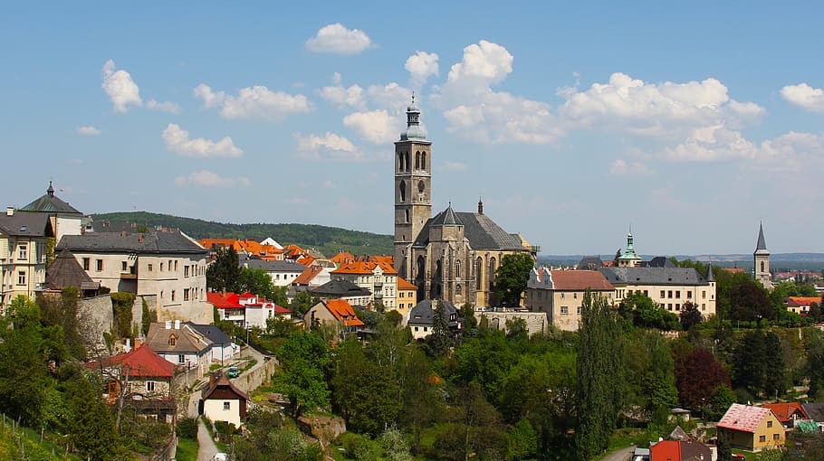 village with trees under blue and white sky, tower, view, hora HD wallpaper