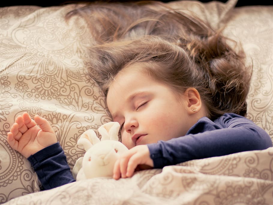girl sleeping beside bunny plush toy during daytime, baby, child