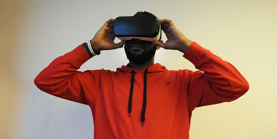 man wearing VR goggles, black, virtual reality, samsung gear, HD wallpaper